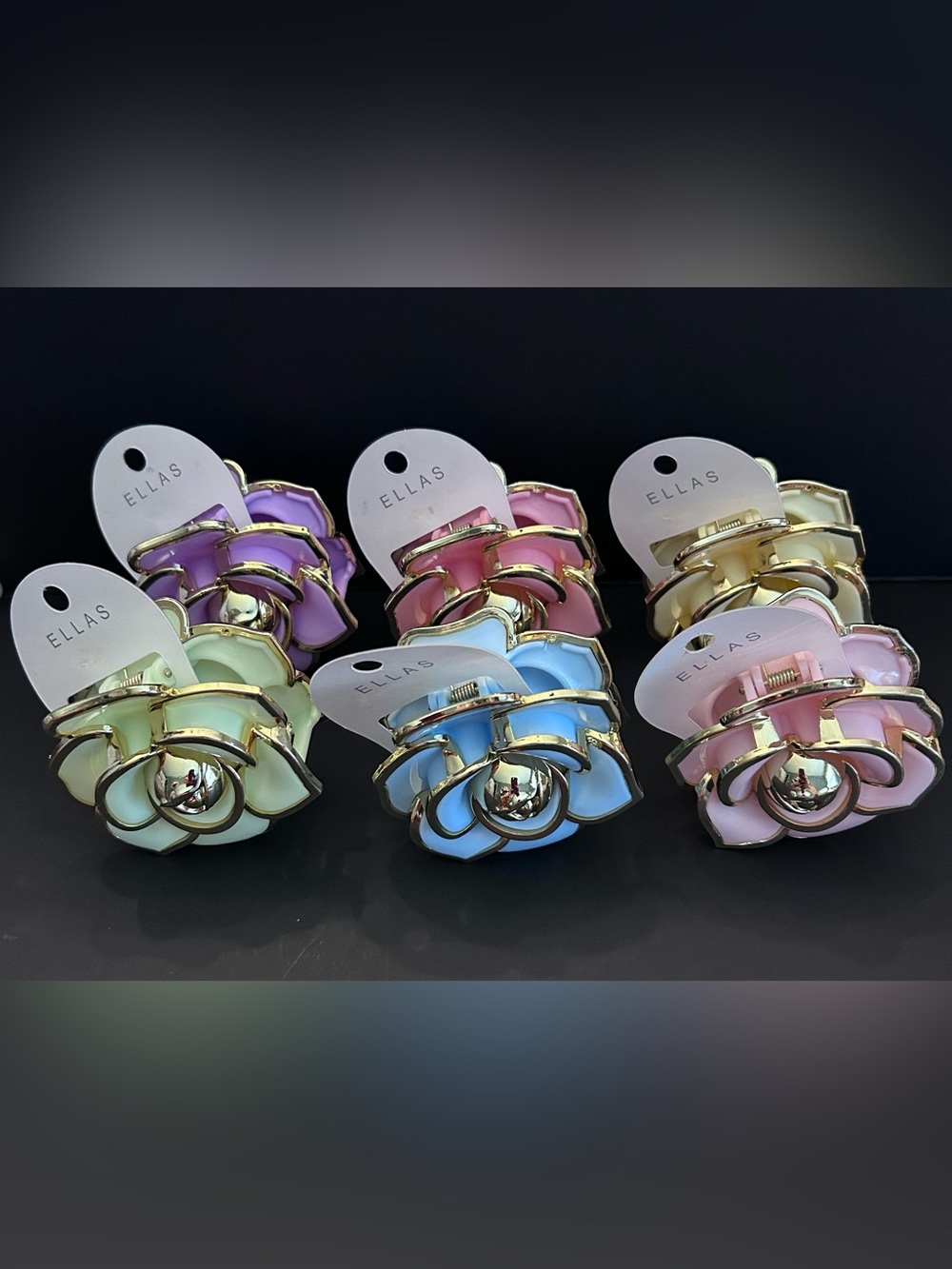 Ellas Pastel Flower Hair Claw Clip Set of Six Assorted Colors w/Gold Brand New